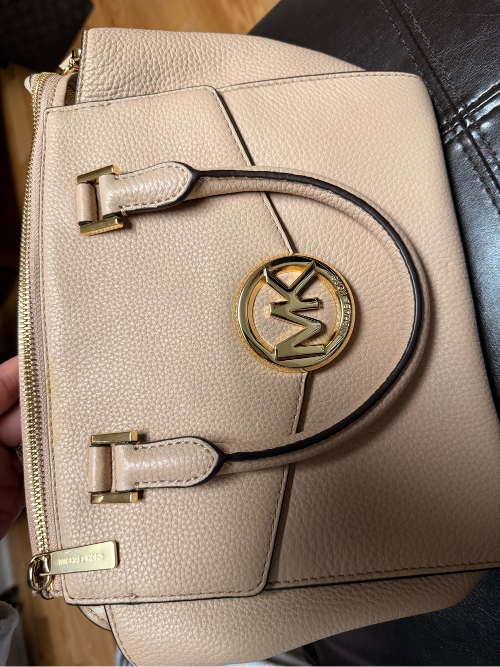 Michael Kors Blush Beige Leather Satchel with Gold MK Emblem